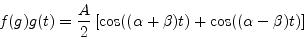 \begin{displaymath}
f(g)g(t) = {A \over 2} \left [
\cos ((\alpha + \beta) t) + \cos ((\alpha - \beta) t)
\right ]
\end{displaymath}