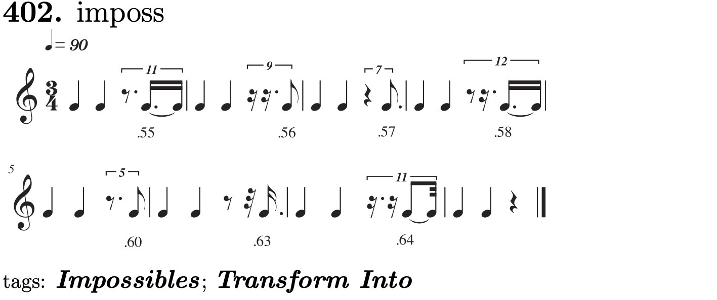 $\textstyle \parbox{5.5in}{{\mbox{}\\ \mbox{}\\ \Large\textbf{402.} imposs}\inde......{Impossibles}}};\index{Transform Into}{\large\textbf{\emph{Transform Into}}}}$