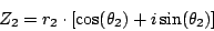 \begin{displaymath}
{Z_2} = {r_2} \cdot \left [ \cos({\theta_2}) + i \sin({\theta_2}) \right ]
\end{displaymath}