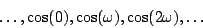 \begin{displaymath}
\ldots, \cos(0), \cos(\omega), \cos(2 \omega), \ldots
\end{displaymath}