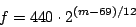 \begin{displaymath}
f = 440 \cdot {{2} ^ {(m - 69) / 12}}
\end{displaymath}