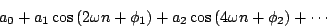\begin{displaymath}
{a_0} +
{a_1} \cos \left ( 2 \omega n + {\phi_1} \right ) +
{a_2} \cos \left ( 4 \omega n + {\phi_2} \right ) + \cdots
\end{displaymath}
